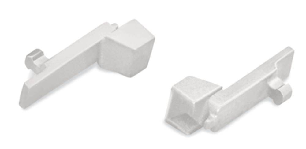 Two white, abstract sculptures on a white background, comprising geometric forms with square and rectangular elements.