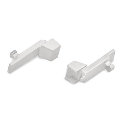 Two white, abstract sculptures on a white background, comprising geometric forms with square and rectangular elements.
