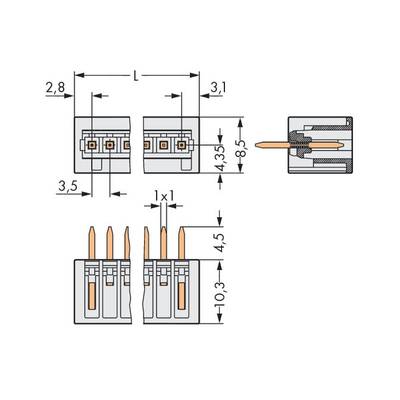 Technical drawing of a four-pole connector with dimensions in millimetres. Shows front view, side view, and top view.