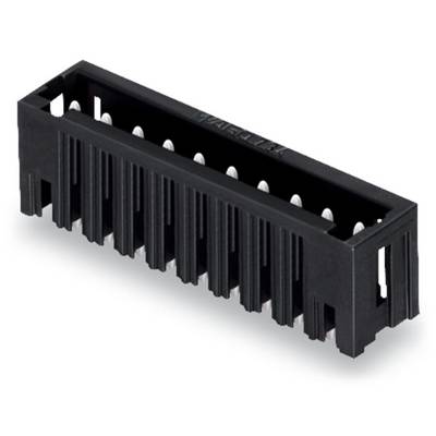 Black plastic connector with multiple vertical slots, suitable for connecting electronic components.