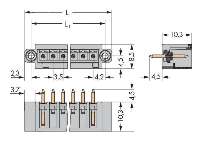 Technical drawing of a connector with dimensions: total width 10.3 mm, height 8.5 mm. Details show pins and holes.