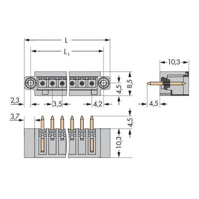 Technical drawing of a connector with dimensions: total width 10.3 mm, height 8.5 mm. Details show pins and holes.