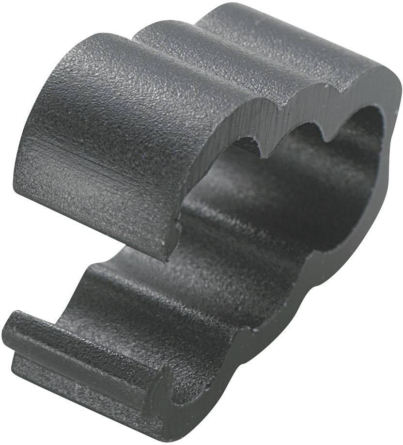 Black plastic pipe clip, half-open, for securing pipes or cables. It has a wavy structure.