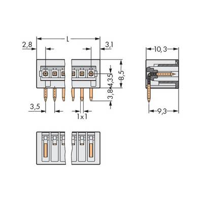 Diagram shows a technical drawing of a connector with dimensions. Front, side, and top views with measurements in mm.