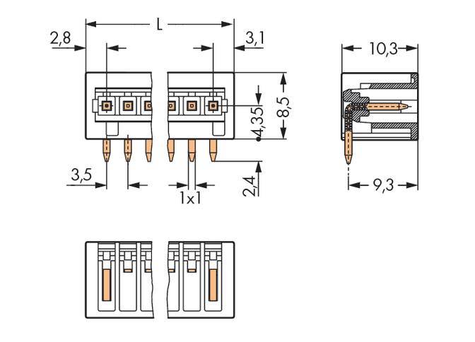 Technical drawing of a connector with dimensions in millimetres: height 8.5, width 10.3, depth 9.3. Detailed view of the connections.