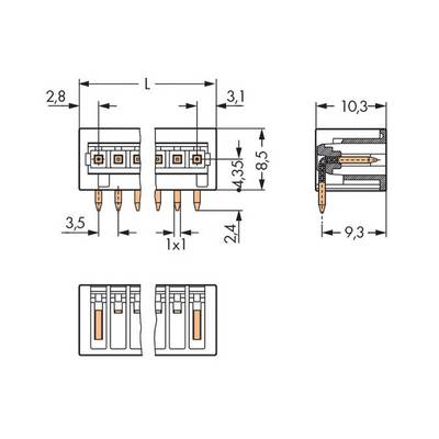 Technical drawing of a connector with dimensions in millimetres: height 8.5, width 10.3, depth 9.3. Detailed view of the connections.