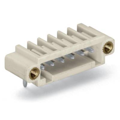A rectangular plug connector with six metal contacts and two metal threaded fasteners on the sides, likely for electrical connection.