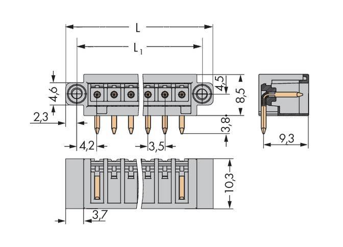 Technical drawing of a connector with dimensions in millimetres, including plug height and pin spacing.