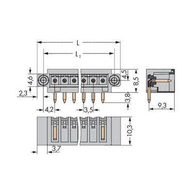 Technical drawing of a connector with dimensions in millimetres, including plug height and pin spacing.