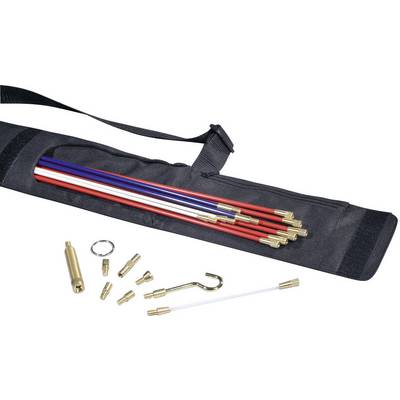 A set of red, white and blue fibreglass rods with metal connectors, in a black carry bag with accessory parts.