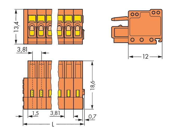 Technical drawing of a connector with dimensions: 3.81 mm width, 18.6 mm height, 12 mm depth. Side and front view.