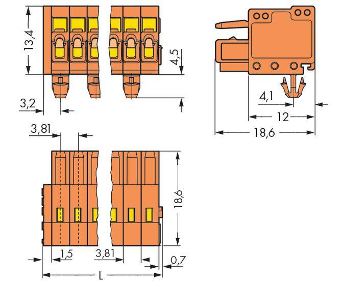 Technical drawing of an electrical connector with dimensions in millimetres. Front, side, and top views are shown.