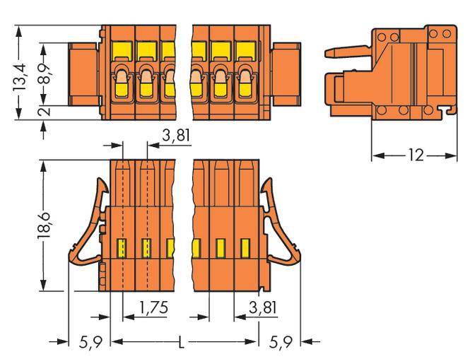 Connector Dimensions: Width 3.81 mm, Height 18.6 mm, Depth 12 mm. Shows side views and front view with details.