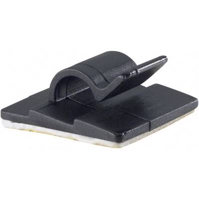Black plastic cable clip on a white surface, suitable for securing cables to surfaces.