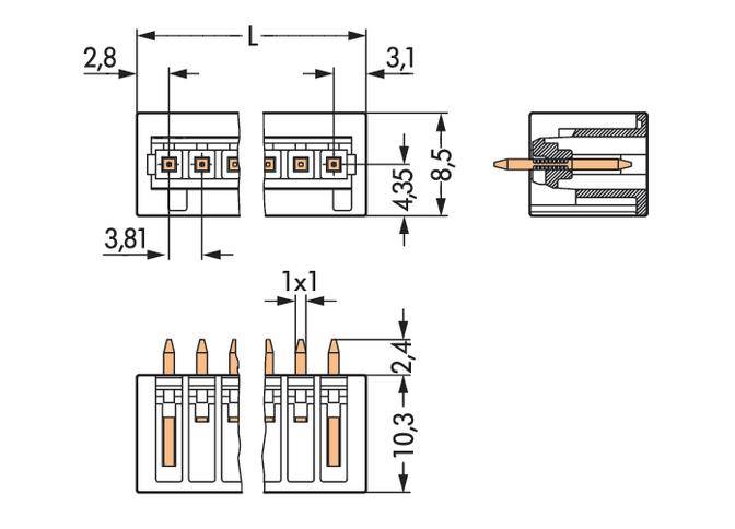 'Technical drawing of a connector with dimensions. Top view from above and side, bottom cross-section view with pins.'