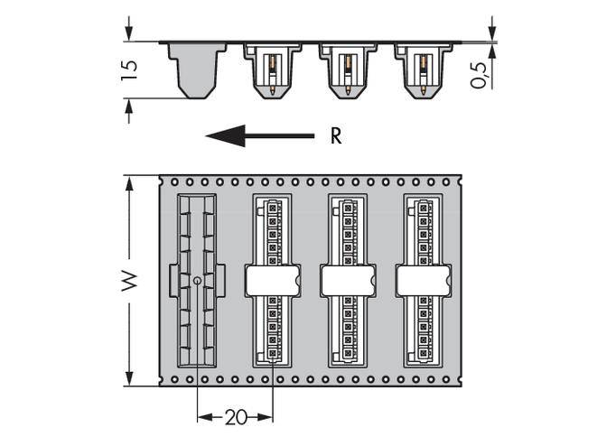 'Technical drawing of an electrical terminal strip with three connections, arrow indicates direction R. Dimensions: depth 1.5, height 0.5, width W, spacing 20.'
