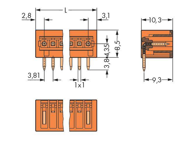 Technical drawing of a connector with dimensions in millimetres. Shows front and side view with spacing and dimensions.