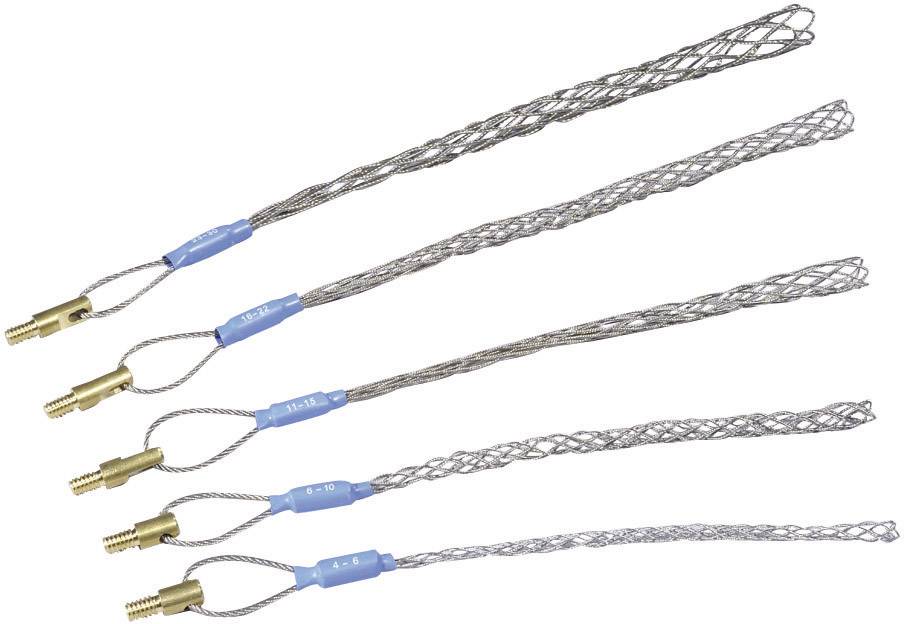 Four different cable plug systems made of metal and plastic, each with a thread at one end and a wire mesh at the other.