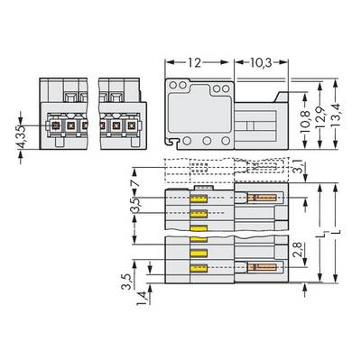 Technical drawing of an electrical connector with dimensional specifications. Shows front, side, and top views with detailed measurements.