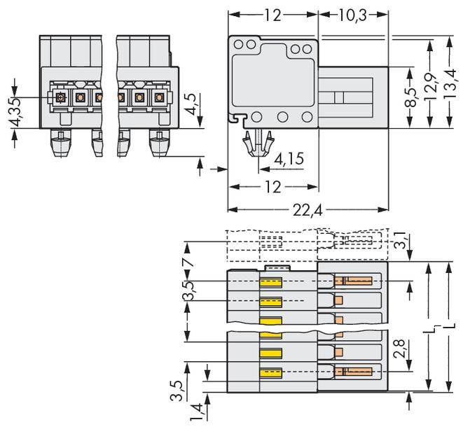 Technical drawing of an electrical connector from various angles with dimensions in millimetres.