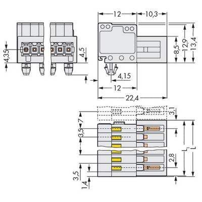 Technical drawing of an electrical connector from various angles with dimensions in millimetres.