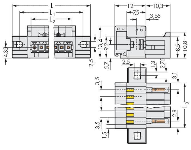 Technical drawing of a connector with dimensions. Shows side and top view with detailed measurements in millimetres.