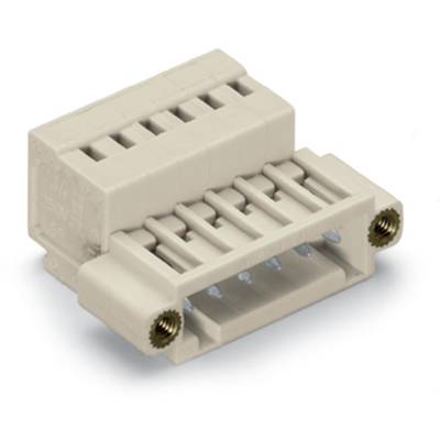 A beige, rectangular connector with multiple openings and two metal threads on the side, placed on a white background.