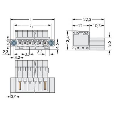 Technical drawing of an electrical terminal with dimensional specifications in millimetres. Shows front, side, and top views with mounting points.