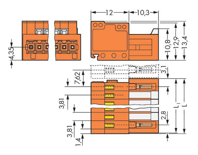Technical drawing of an orange connector with dimensions in millimetres. Shows top view, side view, and cross-section.