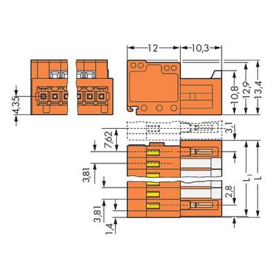 Technical drawing of an orange connector with dimensions in millimetres. Shows top view, side view, and cross-section.