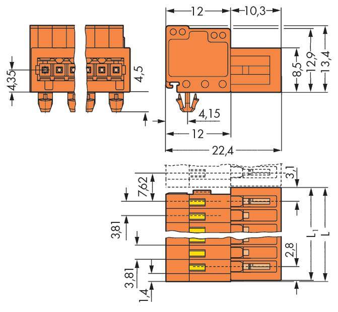'Technical drawing of a connector with dimensions. Height 12, width 10.3, depth 22.4 mm, pin length 4.35 mm.'