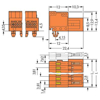 'Technical drawing of a connector with dimensions. Height 12, width 10.3, depth 22.4 mm, pin length 4.35 mm.'