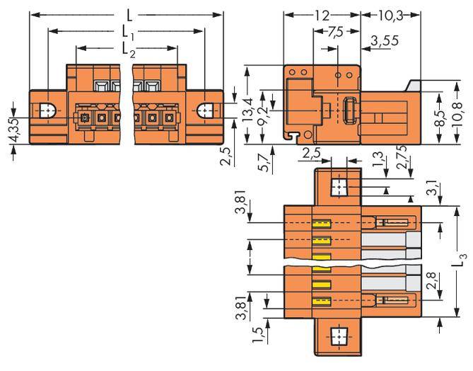 Technical drawing of an orange electrical connector with dimensions in millimetres for precise installation.