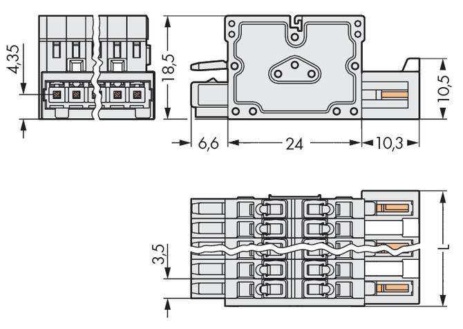'Figure of an electrical circuit diagram with dimensions: Height 4.35, Width 24, Depth 3.5. Includes two views with connection details.'
