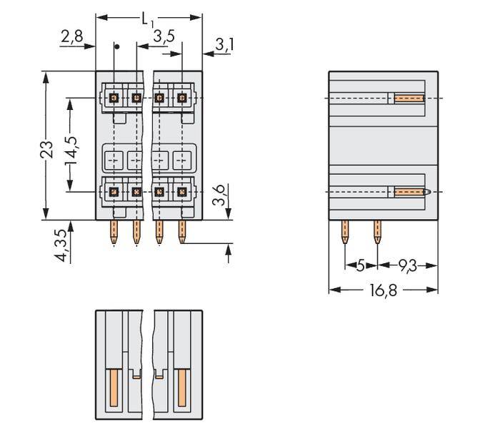 Technical drawing of a connector with dimensions. Shows front and side view with metric measurements and pin layout.