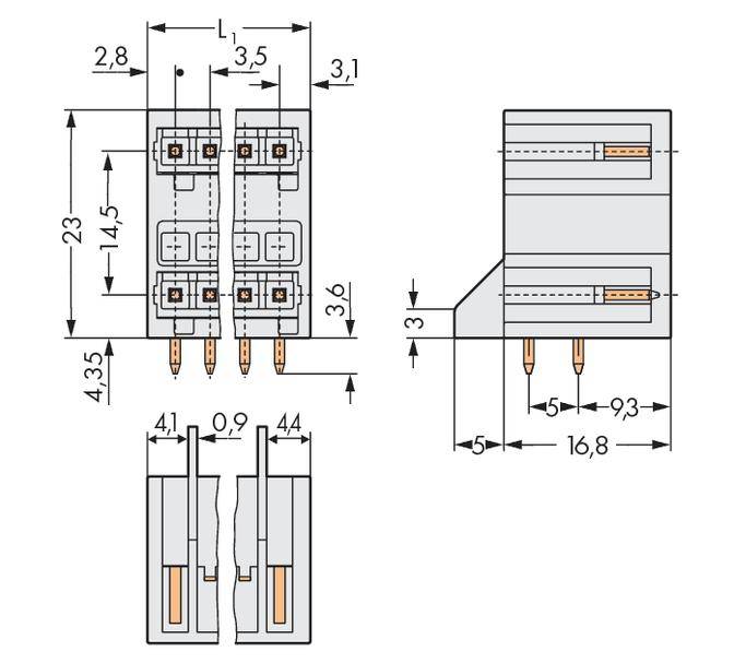 '2-pole coupling relay' with dimensions of 16.8 mm width, 4.35 mm height. Diagram shows front and side view with precise measurements.