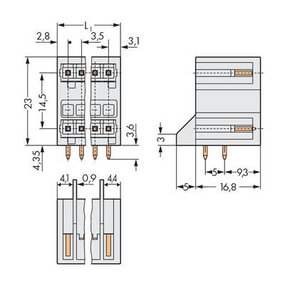 '2-pole coupling relay' with dimensions of 16.8 mm width, 4.35 mm height. Diagram shows front and side view with precise measurements.