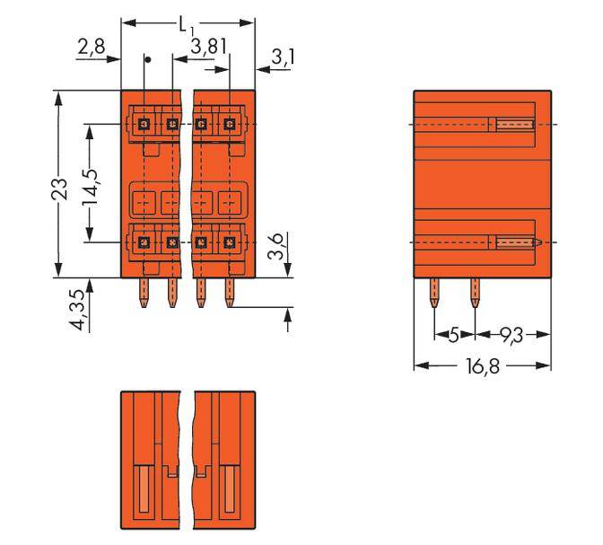 'Technical drawing of a connector with dimensions in millimetres. Shows front and side view with precise measurements.'