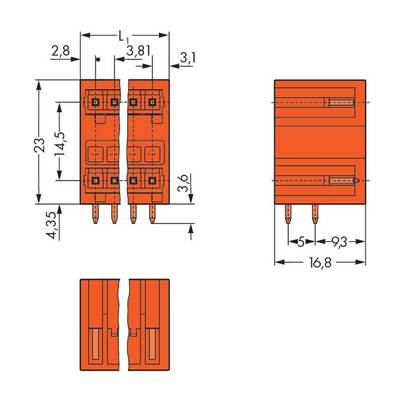 'Technical drawing of a connector with dimensions in millimetres. Shows front and side view with precise measurements.'