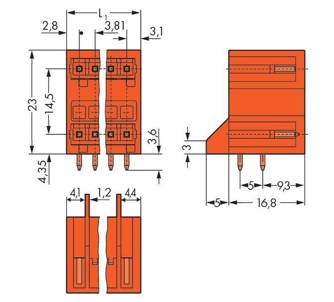 Technical drawing of an orange electronic connector with precise measurements in millimetres. Shows top view and side view.