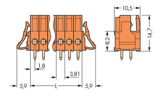 'Technical drawing of a connector with dimensions: width 10.5 mm, height 14.7 mm, pin spacings 1.8 mm and 3.81 mm.'