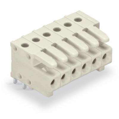 White terminal block with six connections, viewed from the side. Used for electrical connections in control cabinets.