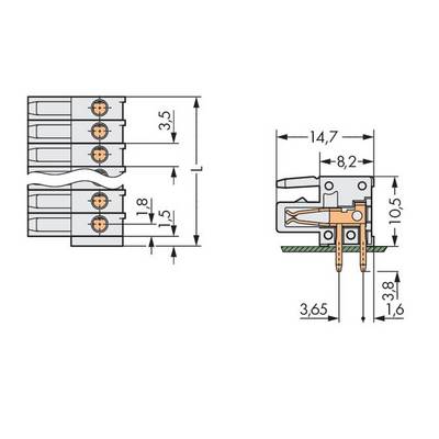 Technical drawing of a plug block with dimensions: width 3.5 mm, height 14.7 mm, depth 8.2 mm. Shows top view and cross-section.