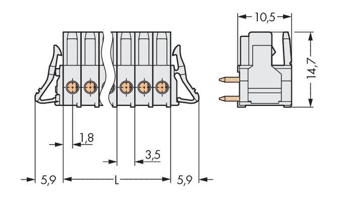 Technical drawing of a connector with dimensions: Width 10.5 mm, Height 14.7 mm, Length specifications 1.8 mm, 3.5 mm.