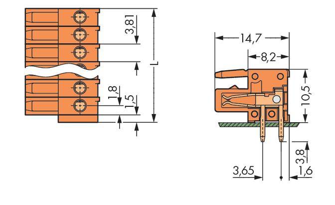 Technical drawing of a connector with dimensions: Width 14.7 mm, Height 10.5 mm, Length 3.81 mm, Connection area 3.65 mm.