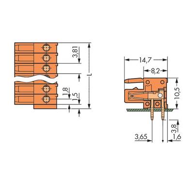 Technical drawing of a connector with dimensions: Width 14.7 mm, Height 10.5 mm, Length 3.81 mm, Connection area 3.65 mm.