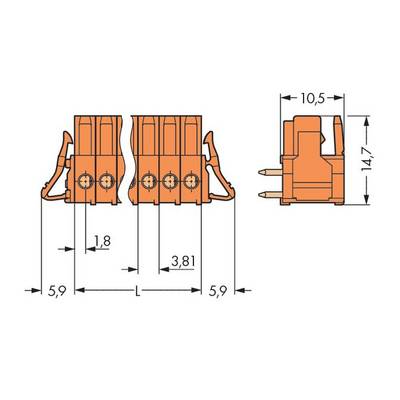 Technical drawing of an electrical connector, dimensions specified: 10.5 mm width, 14.7 mm height, 3.81 mm pin spacing.