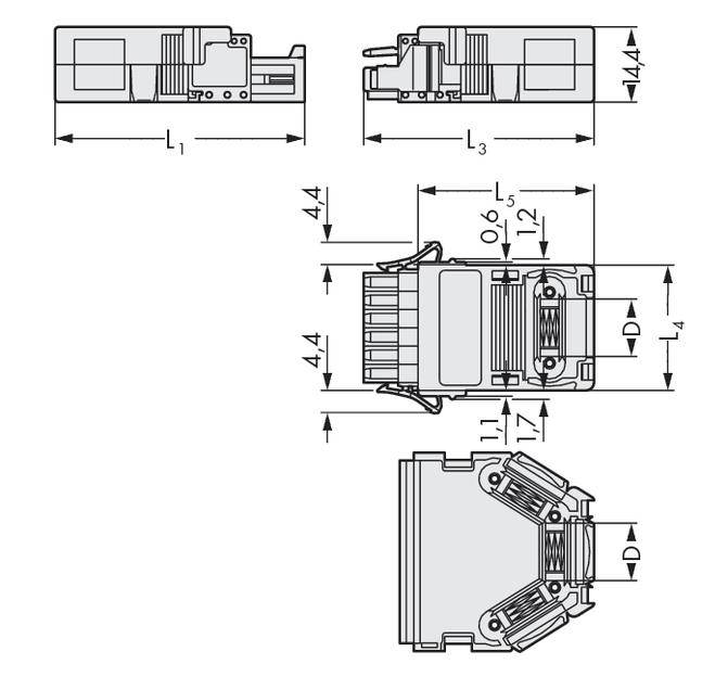 Technical drawing of an electrical connector with different views and dimensional specifications for length and width.
