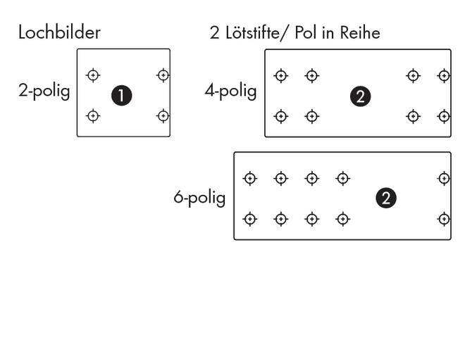 'Lochbilder' shows drilling diagrams for 2-pole, 4-pole and 6-pole arrangements with marked solder pins/poles in rows.