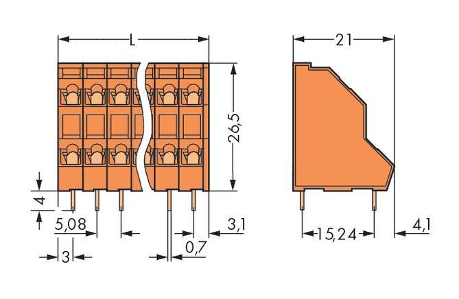 Technical drawing of an orange connector with dimensions. Front and side views show detailed measurements.